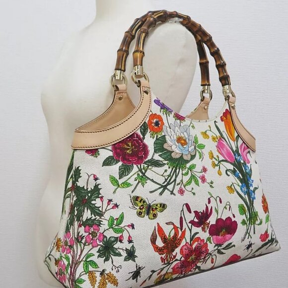 Auth GUCCI Flower Printed Canvas and Leather Bamboo Tote Bag - Picture 1 of 16